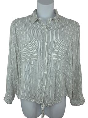 Dizzy Gal 2X Striped Tie-Hem Button-Down Shirt - White/Black 3551-AP